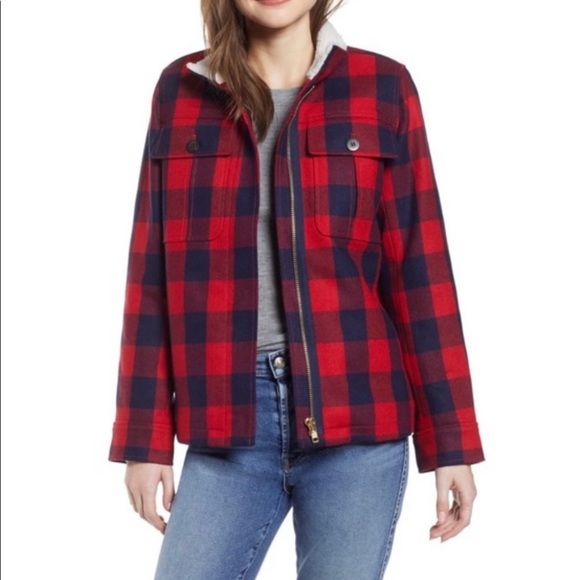 J.Crew Wool Sherpa Jacket Shacket Check Plaid Red - S - Picture 1 of 6